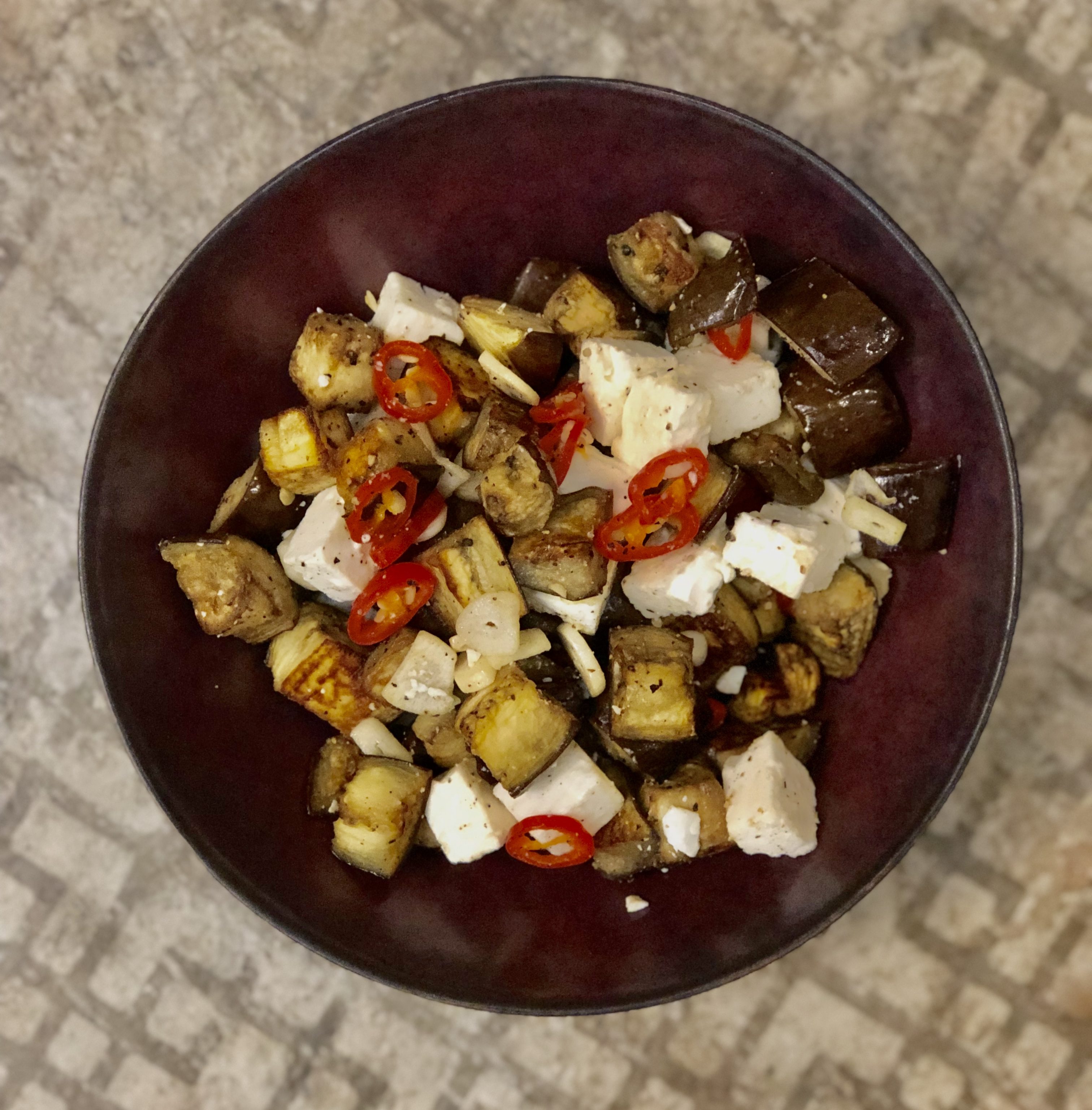 Spicy garlicky roasted eggplant with feta